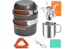 Odoland 8pcs Camping Cookware Mess Kit, Camping Pot and Pan Set with Mini Backpacking Stove, Stainless Steel Cup, Spork and T