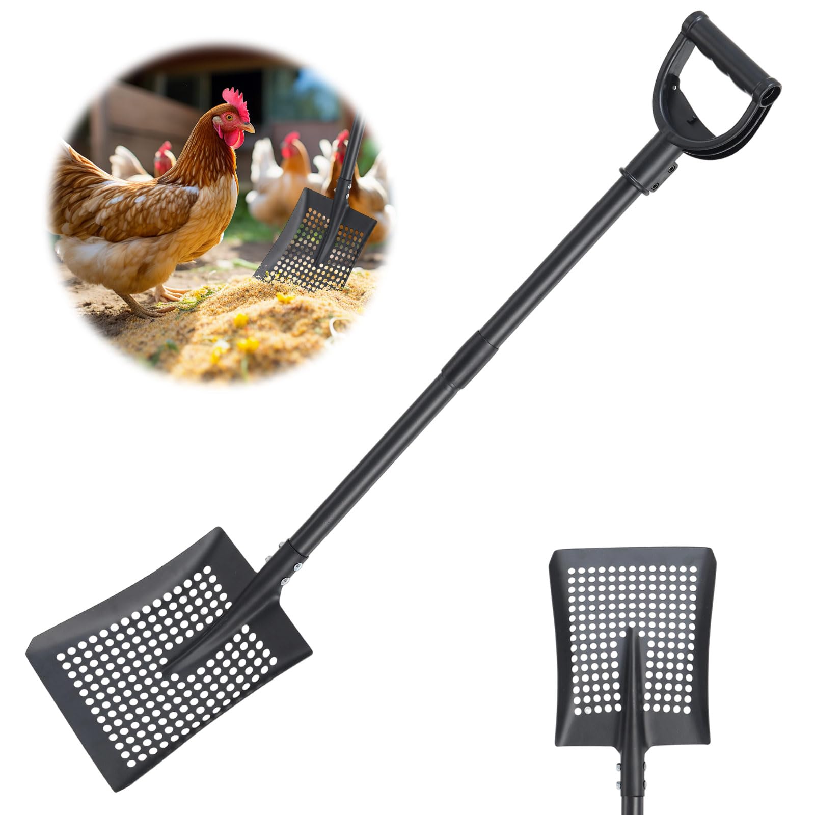 Photo 1 of Sifter Shovel for Chicken Coop, 47 Inch Heavy Duty Beach Sifting Shovel for Sand Rock Poop Cleaning, Metal Detector Shovels for Farm, Gardening, D-Grip Handle, Square Gardening Shovels