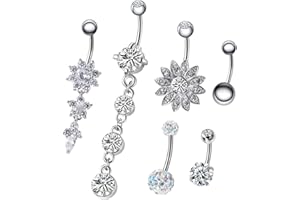 NASAMA 6PCS 14G Stainless Steel Dangle Belly Button Rings for Women Belly Piercing CZ Inlaid