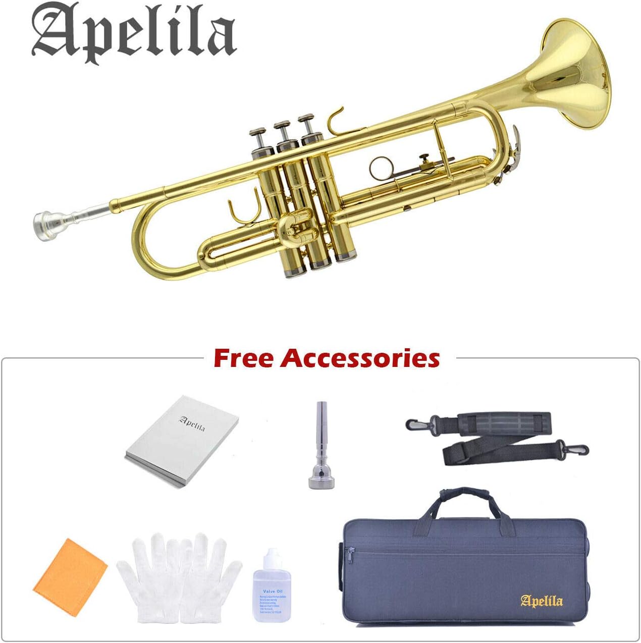 Apelila Gold Trumpet Brass Standard Bb Trumpet-Student Beginner with Hard Case,Gloves,Mouthpiece,Soft Cleaning Cloth,Strap,and Valve Oil: Musical Instruments