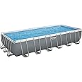 Bestway Power Steel 24' x 12' x 52" Rectangular Metal Frame Above Ground Swimming Pool Set with 1500 GPH Sand Filter Pump, Ladder, and Pool Cover