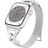 BRG Thin Mesh Loop Compatible with Apple Watch Bands for Women 40mm 41mm 38mm 42mm Series 11 10 9 8 7 6 5 4 3 2 1 SE, Metal Magnetic Stainless Steel Strap with X-Shape Diamond Clasp for iWatch Bands