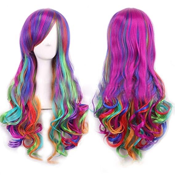 DNFC Perücke Damen Langhaarperücke mit Haarnetz Gelockte Faschingsperücke Cosplay Regenbogen Bunt Perücken Lange Karnevalsper
