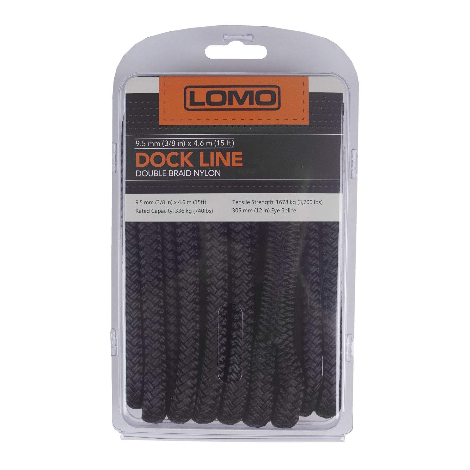 Lomo Dock Line/Mooring Line, 3/8" 9.5mm x 15ft 4.6m Double Braided Nylon Rope - Black