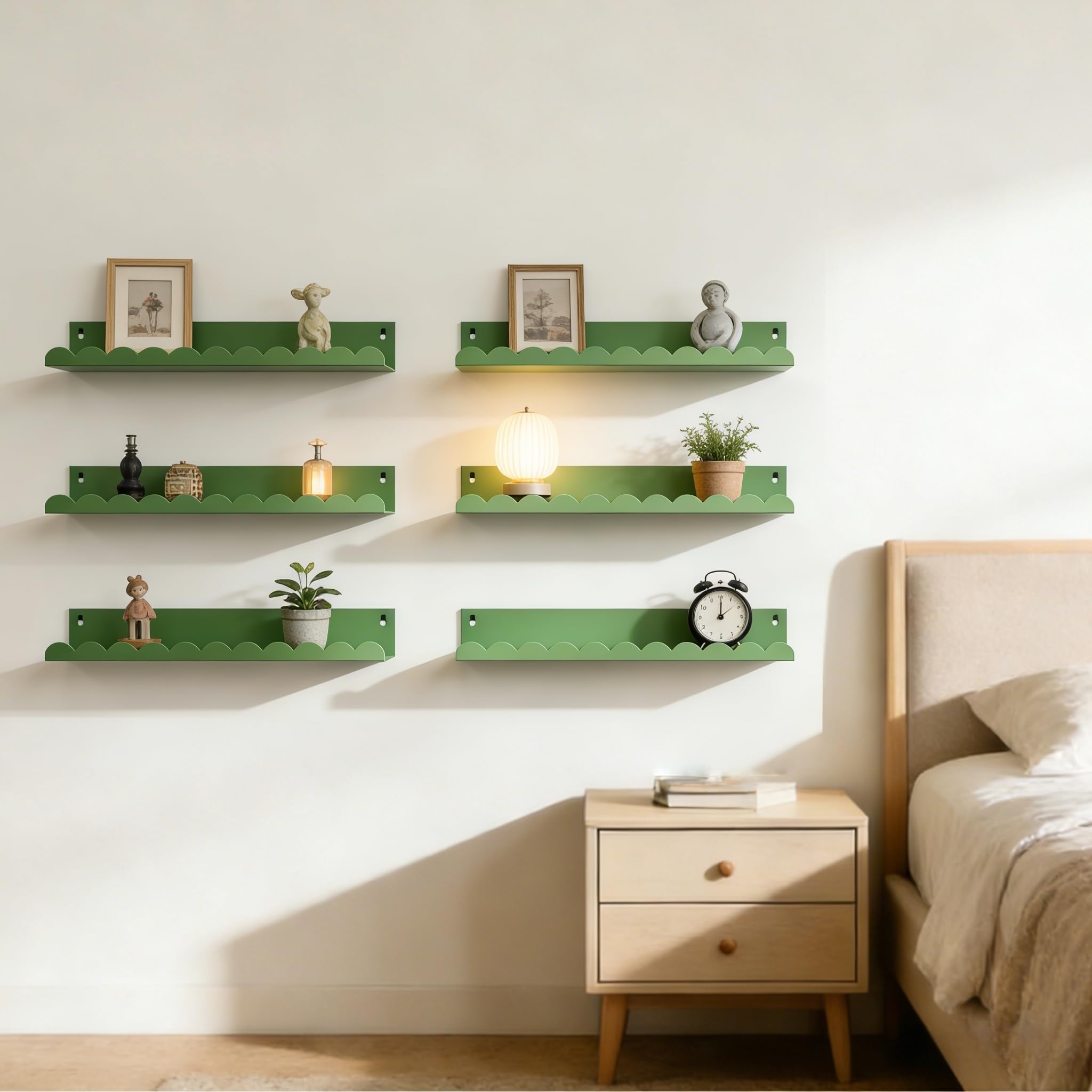 FESTLOVE Nursery Book Shelves Set of 6, Green Metal Floating Shelves for Wall, 16 Inch Scalloped Book Shelf for Kids Room, Bathroom, Bedroom, Playroom Wall Decor & Storage