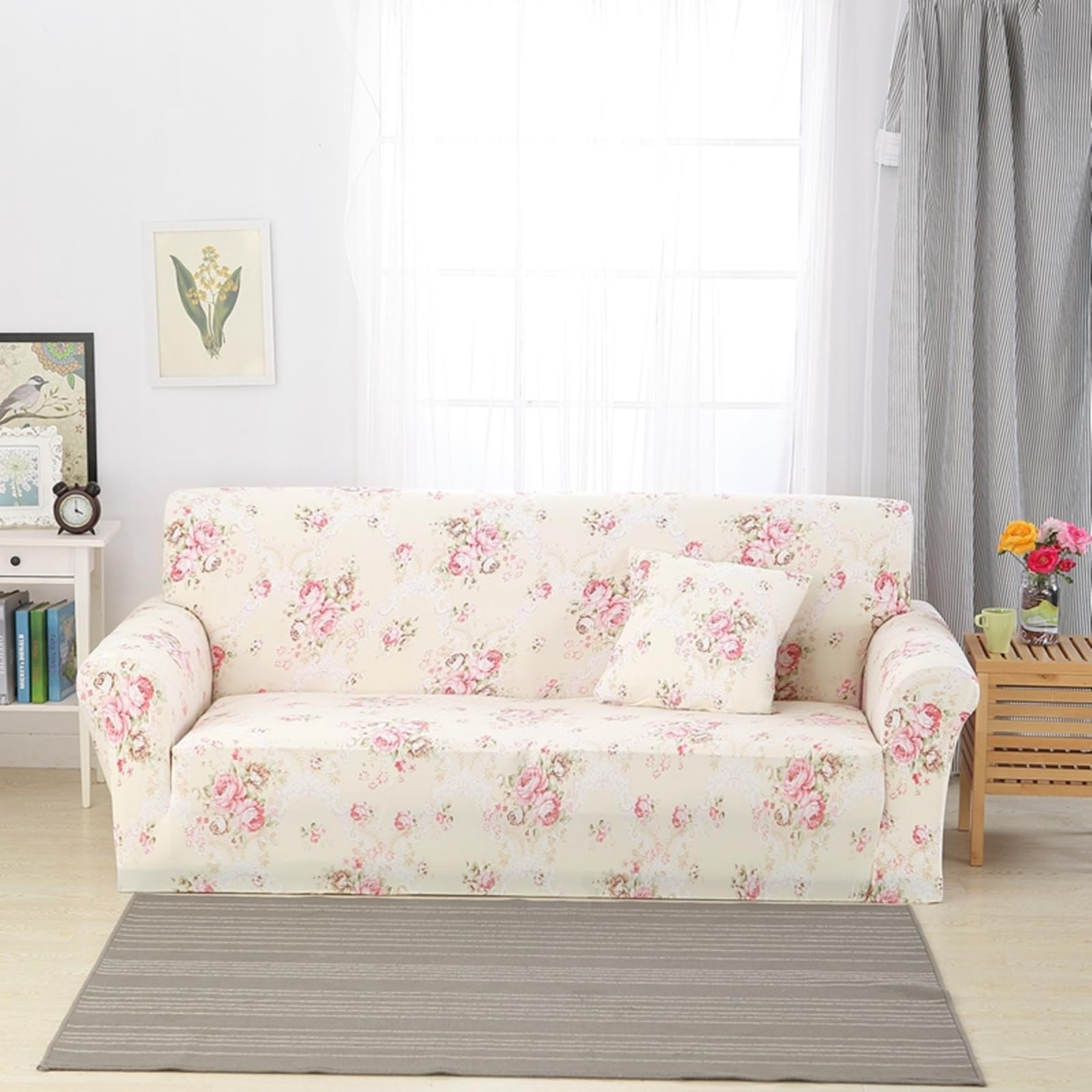 Daesar Sofa Cover Stretch, Couch Arm Covers Cat Protector Flowers Pattern Sofa Cover Beige Pink (Polyester 4 Seater)
