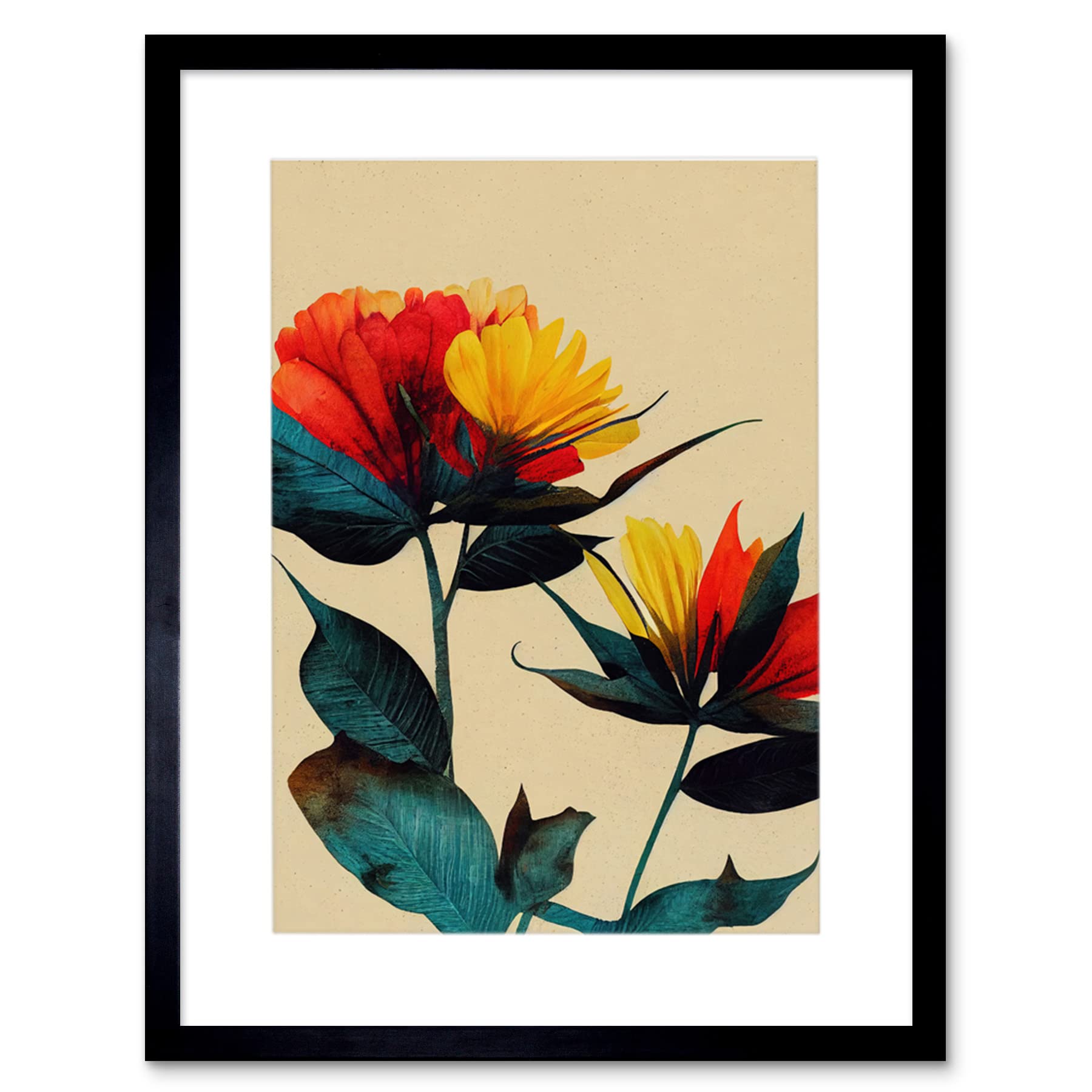 Wee Blue Coo Botanical Bold Flowering Yellow Red Teal Artwork Framed Wall Art Print 12X16 Inch