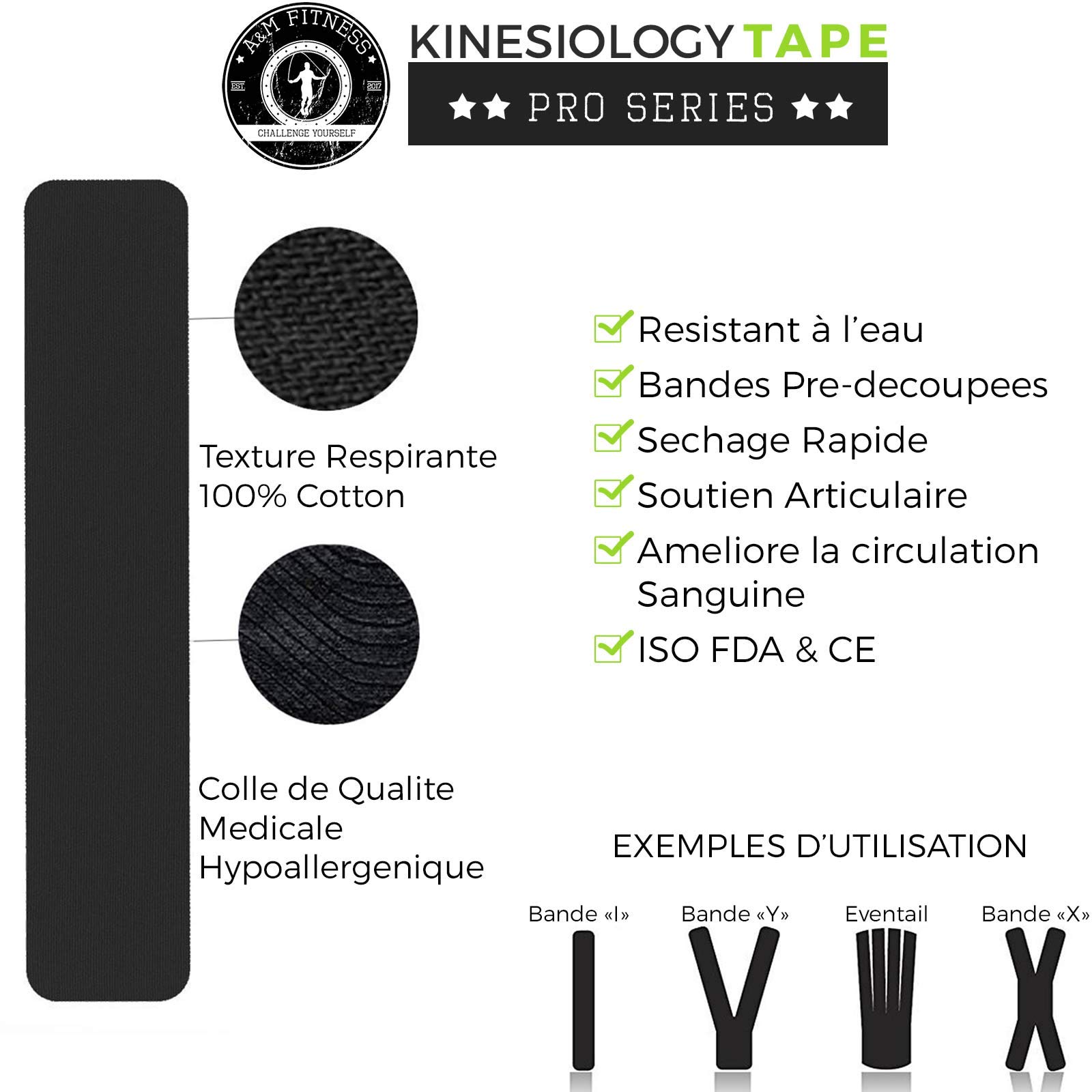 Bande de Kinesiologie Prédécoupée, Kinesio Tape pour Soutien Musculaire et Articulaire, Bande Médicale Strapping Professionnelle 2 Rouleaux de 5cm x 5mètres, Noir