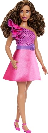 Barbie Fashionistas 225 Curvy Brown Hair Pink Glitter Dress Accessories HRH22