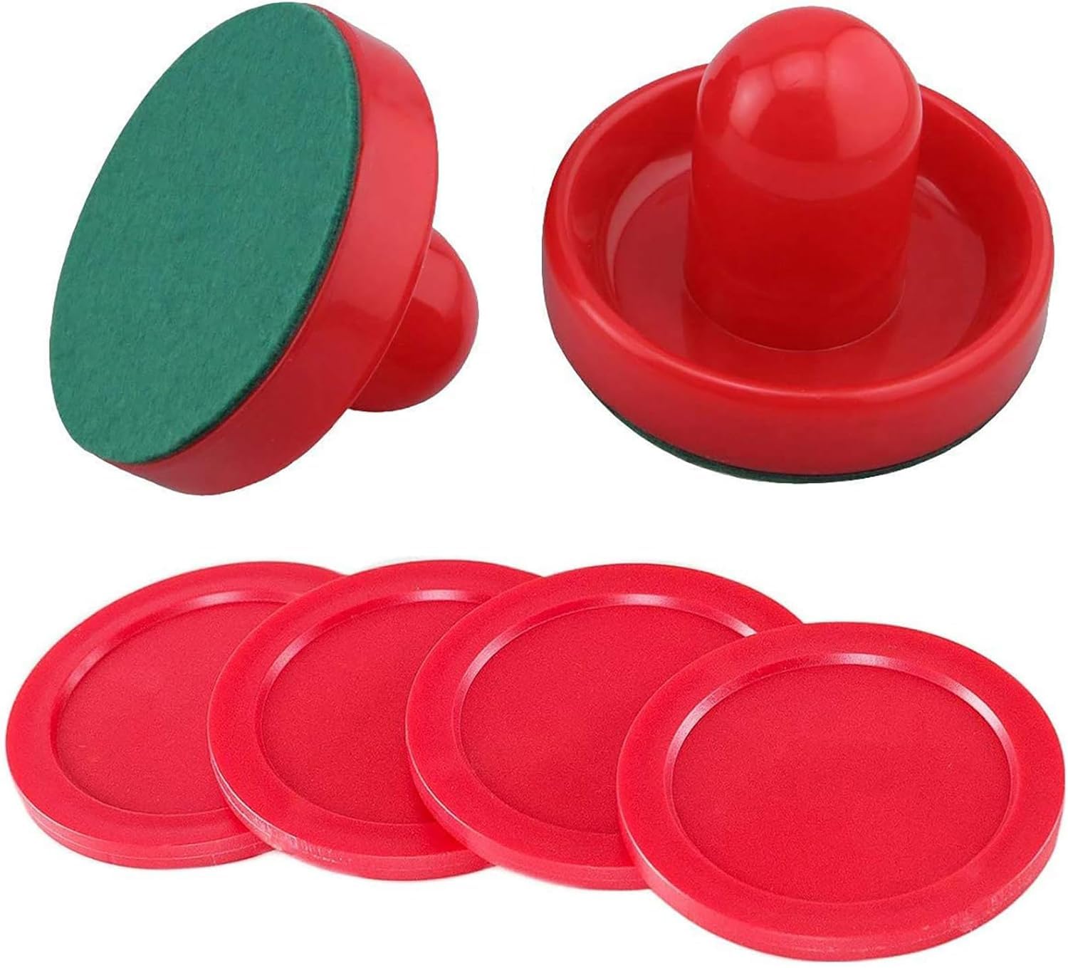 MOUJUCHI Air Hockey Pushers, 76m Light Weight Air Hockey Red Replacement Pucks & Slider Pusher Goalies for Game Tables, Accessories, Equipment (2 Striker, 4 Puck Pack)-Red