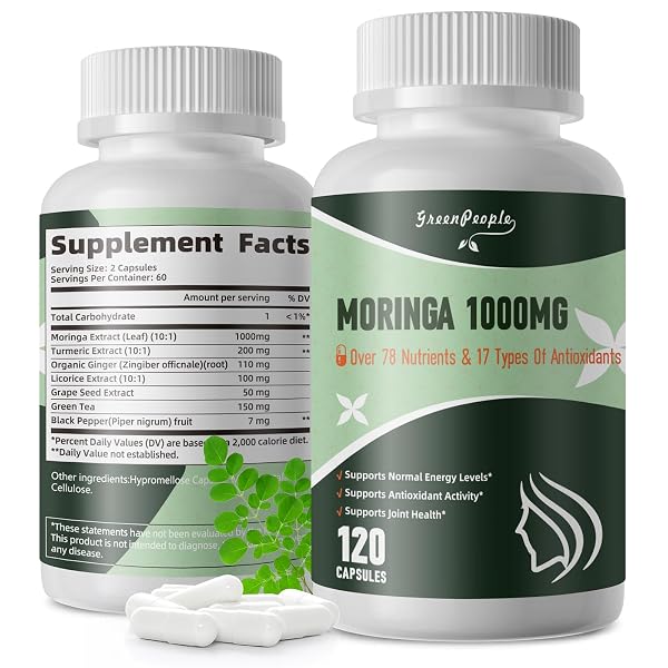 MORINGA CAPSULES 1000MG WITH TURMERIC, GREEN TEA & GINGER EXTRACT – 7-IN-1 SUPERFOOD SUPPLEMENT FOR ENERGY, IMMUNE SUPPORT & JOINT COMFORT – VEGAN, NON-GMO ANTIOXIDANT BLEND FOR MEN & WOMEN, 120 CT