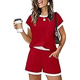 WIHOLL Two Piece Sets for Women Summer Lounge Short Sets Cap Sleeve Crew Neck Sweatsuit with Pocket XS-2XL