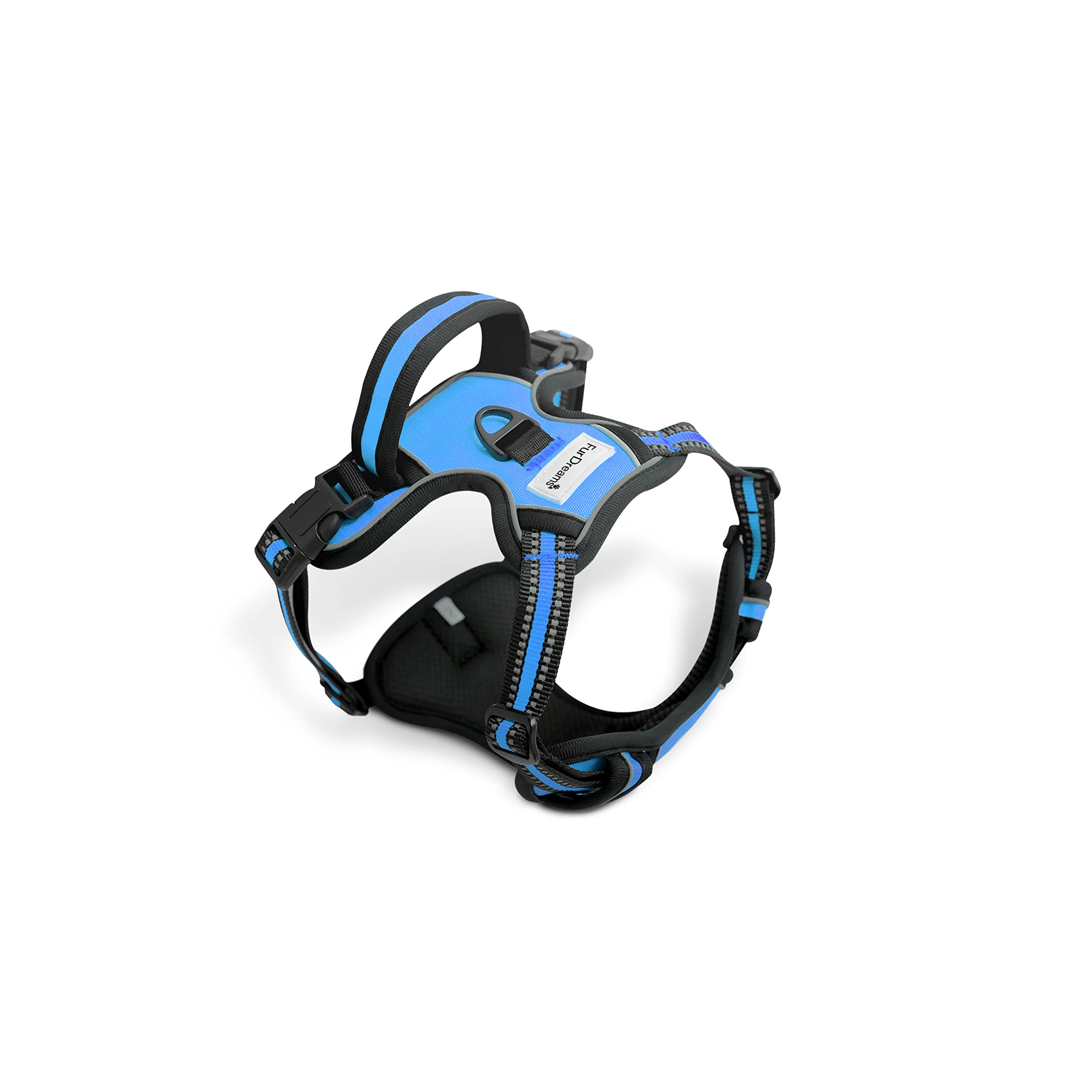 FurDreams Dog Harness – Secure Padded Vest Harness, Comfortable Material with Reflective Strips, Non-Restrictive, No Choke Fit with 4 Adjustable Straps, No Pull, Clip On Easy (Small, Blue) — image 1