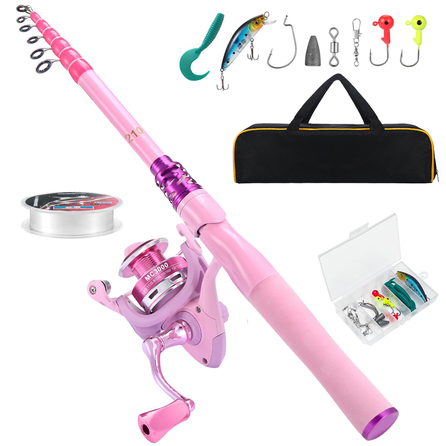 Photo 1 of Castaroud Carbon Fiber Pink Fishing Rod and Reel Combos, Lady Telescopic Fishing Pole Kit with Spinning Fishing Reel Tackle Box for Womens Fishing Pole or Girls Fishing Pole