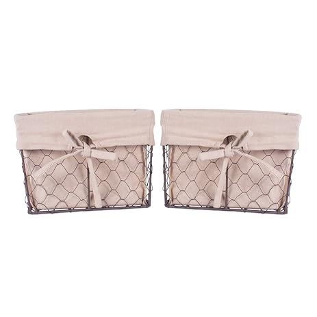 Home Traditions Vintage Metal Chicken Wire Storage Basket with Removable Fabric Liner, Set of 2 Medium Sized, Natural