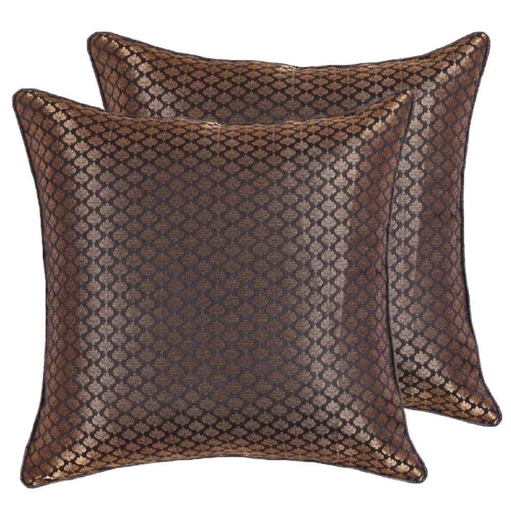 Indian Brocade Silk Cushion Cover For Home Office Indoor Decorative Throw Pillow Covers With Concealed Zip Size 40x40cms 16x16inch 5 Vibrant Colours Choice Of Single Or Paid (Midnight Black, 2)