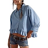 InterNos Womens Striped 3/4 Sleeve Blouse Loose V Neck Button Down Ruffled Hem Vertical Shirt Top with Pocket