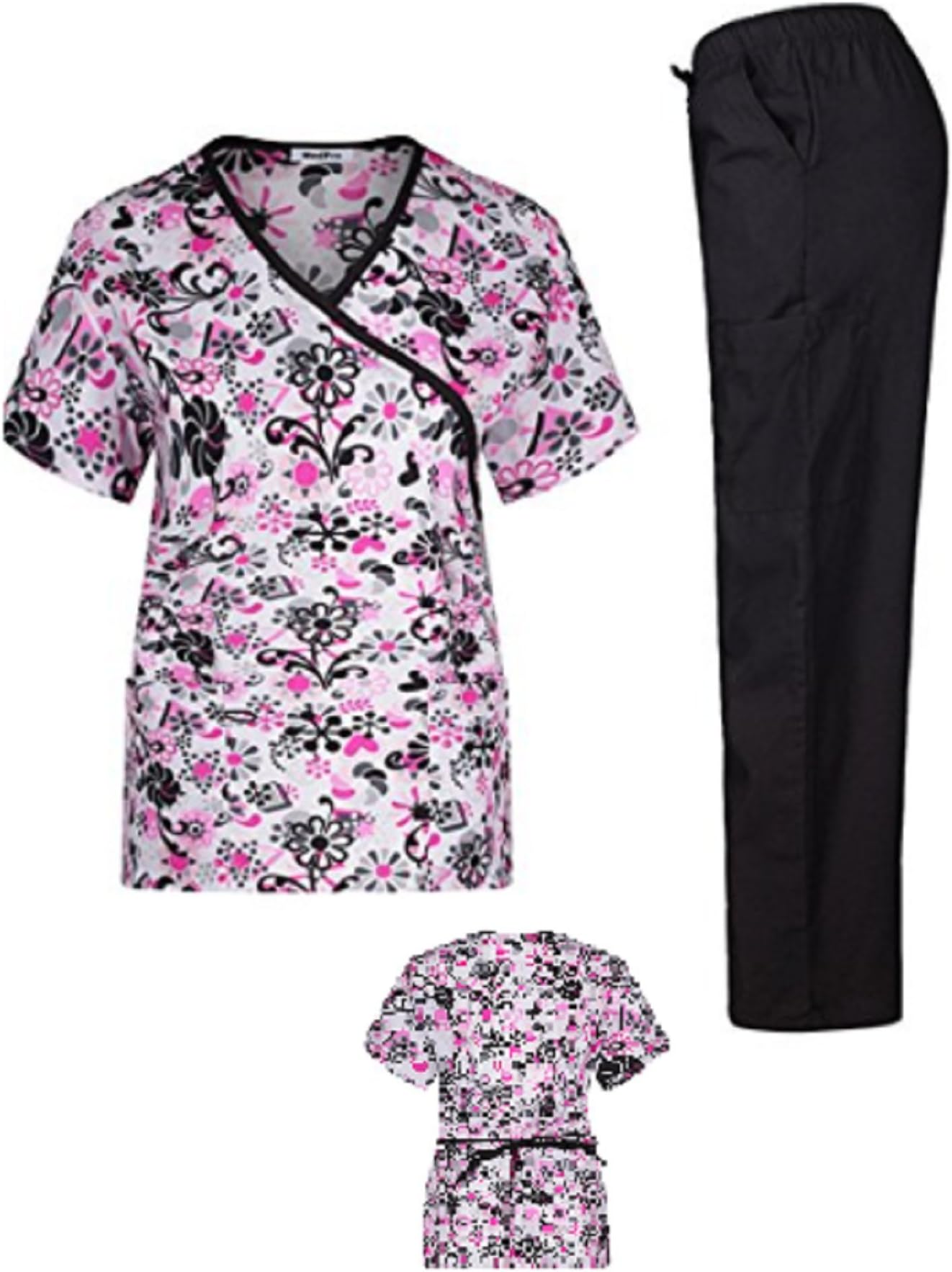 Women's Printed Scrub Sets Top & Pant Sizes XS S M L XL 2XL Multiple Prints Nursing (XS, Black)