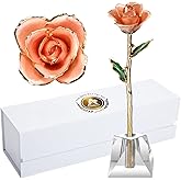 AliveRose Anniversary Rose Gift for Wife,24k Gold Real Rose Gift for her, Long Stem Rose Made from Real Gold Rose for Valentines Mothers Day Birthday (Peach Pink with Crystal Vase)
