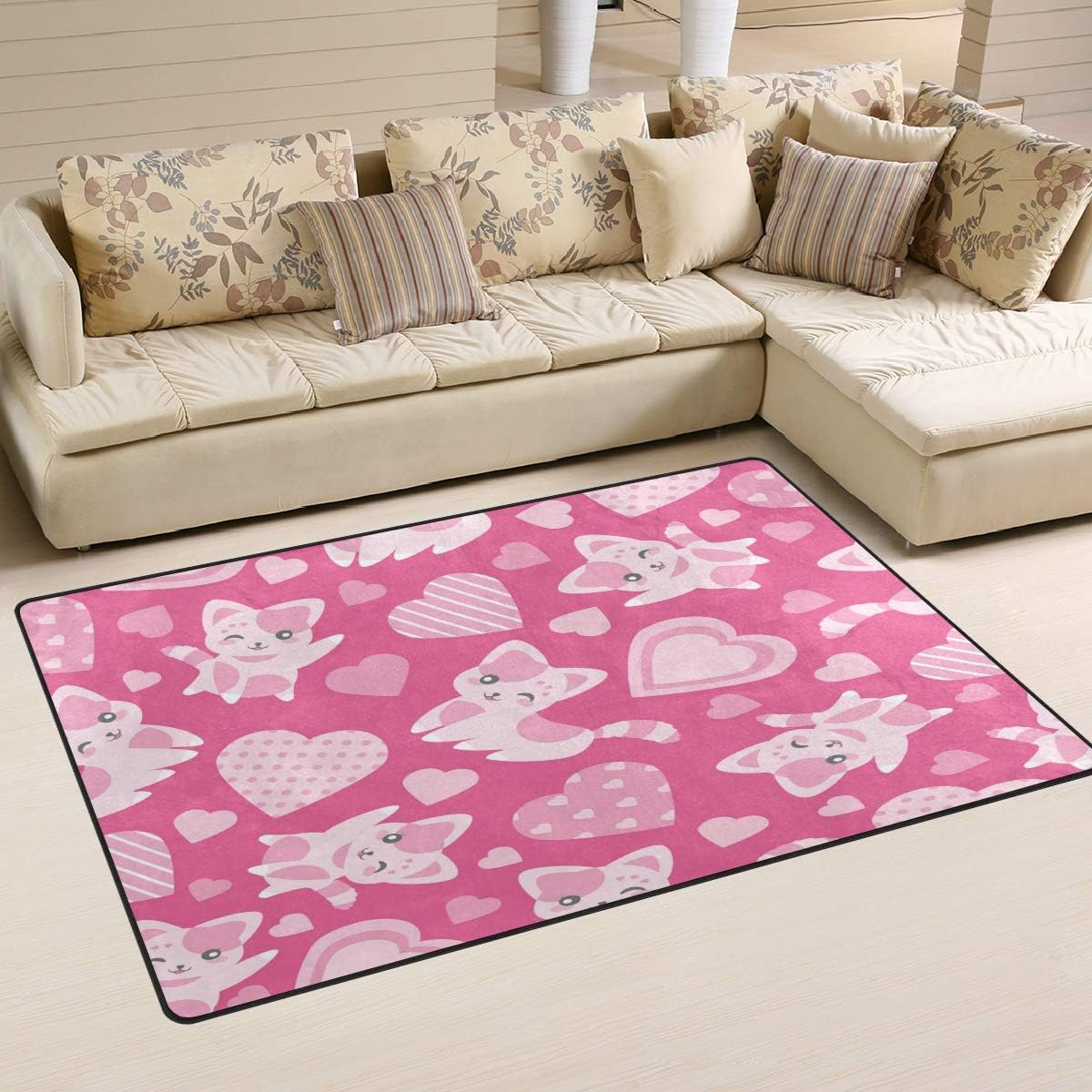 Cute Pink Cat and Love Shape On Background Print Area Rugs Living Room