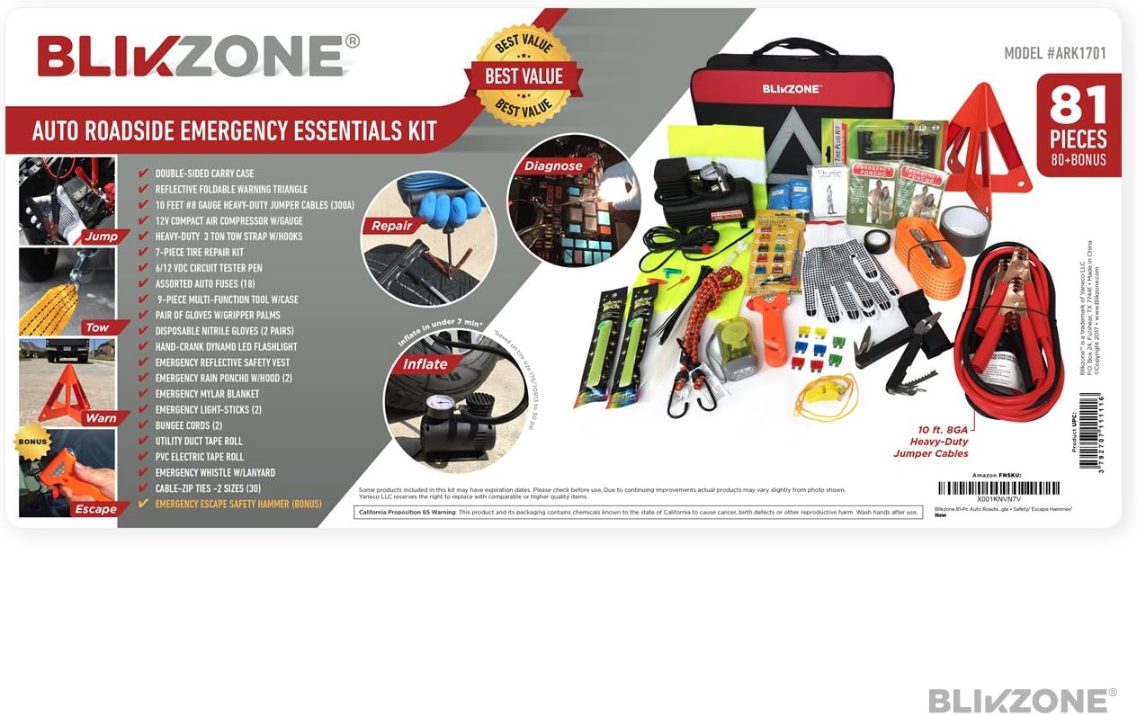 BLIKZONE Auto Roadside Assistance Car Kit Classic 81 Pc for Vehicle Emergency: Portable Air Compressor, Jumper Cables, Tire Repair Kit and All The Essential Tools, Accessories and Stuff to Drive Safe: Automotive