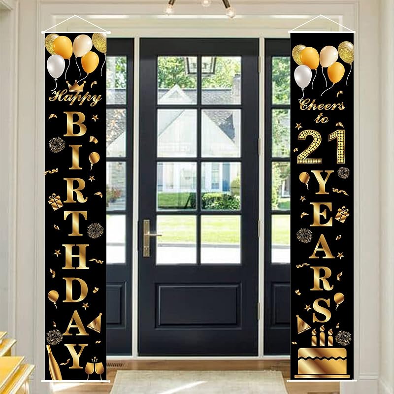 POPOYU Happy 21st Birthday Door Banner Black Gold Fabric 21 Years Old