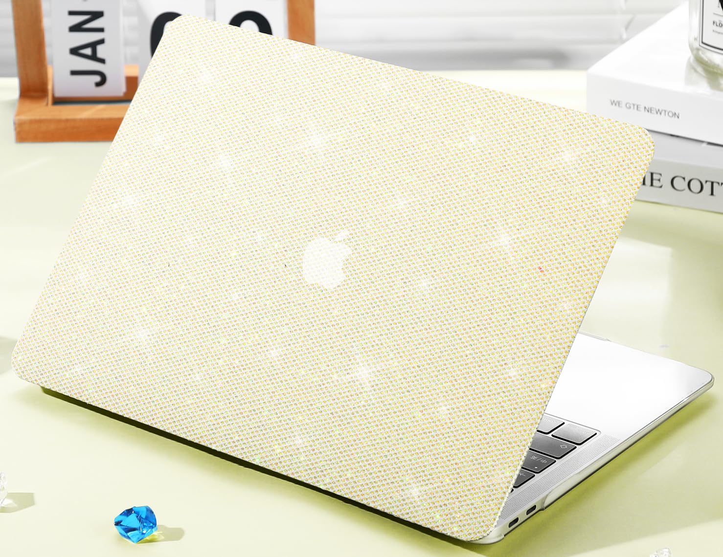 Photo 1 of KEROM Bling Glitter Case for MacBook Pro 13 inch 2024-2016 M2 M1 A2338 A2289 A2251 A2159 A1989 A1706 A1708, Luxury Bedazzled Shiny Sparkle Glitter PU Leather Hard Shell Case & Keyboard Cover, Yellow