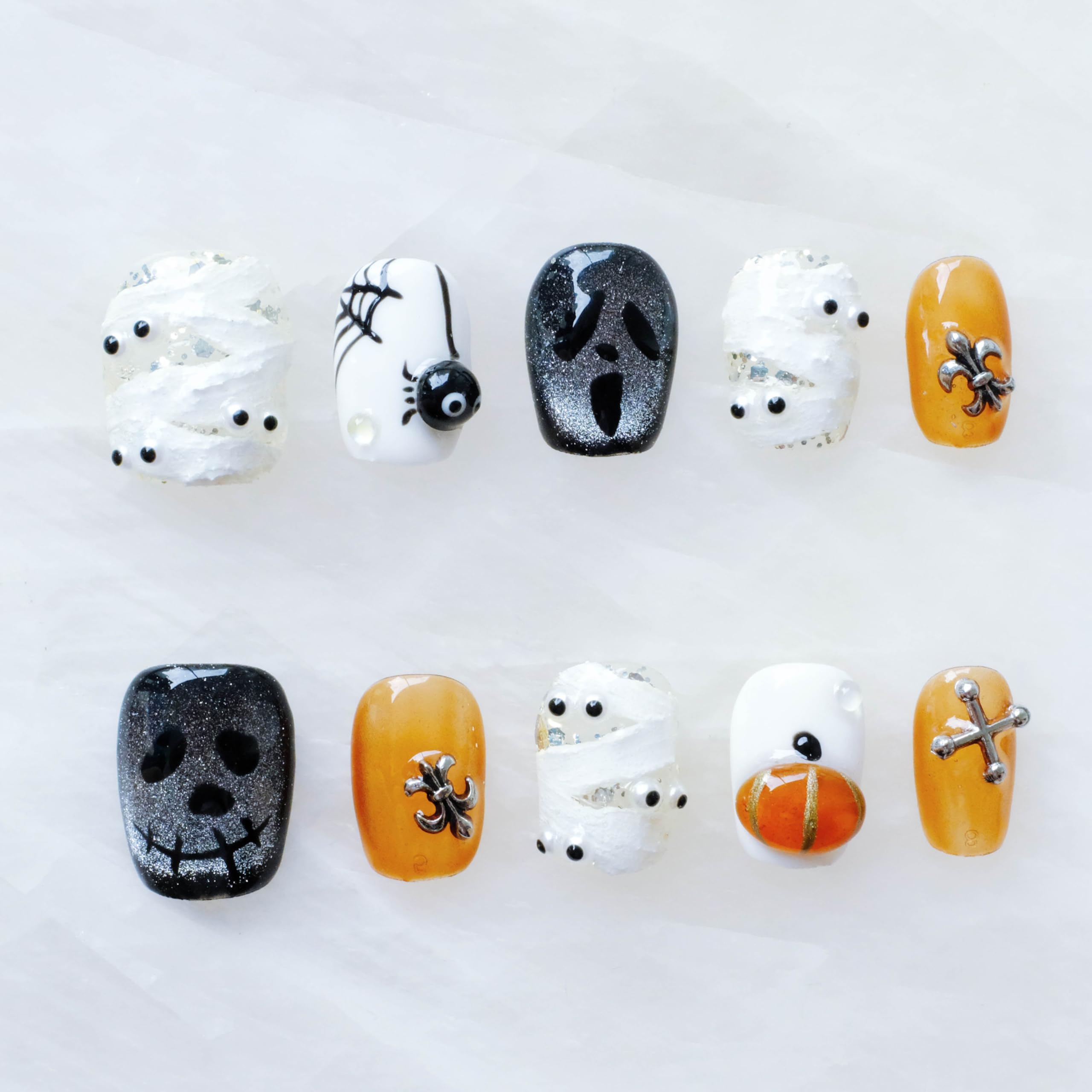 Photo 1 of [GLORS] Halloween Press On Nails, Handmade Short Square False Nails with 3D Pumpkin, Ghost, Spider, Mummy Design, 10 Pieces (XS,SS)