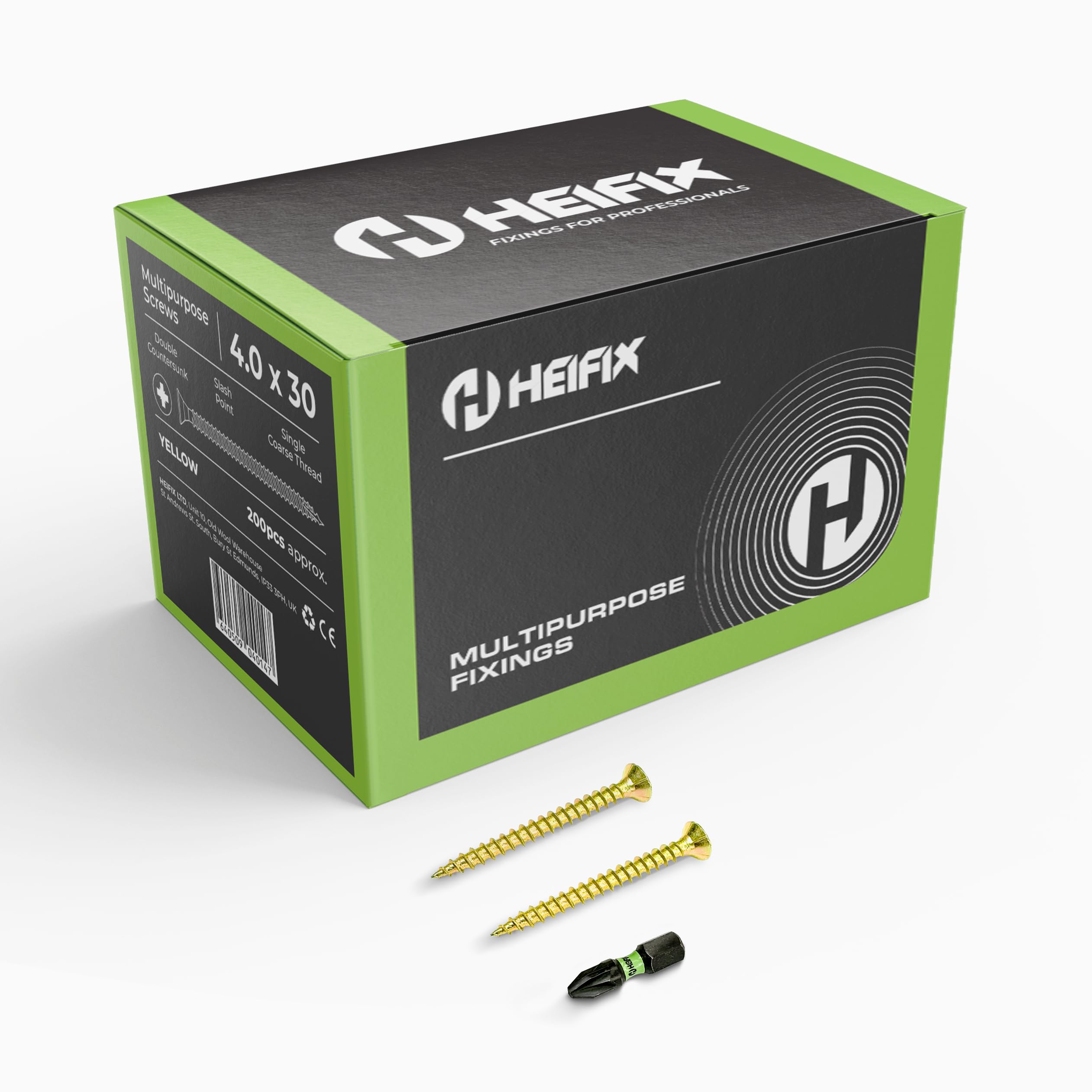 Heifix Multi-Purpose Wood Screws - FREE Screw Bit Included (QTY 200, 4mm x 30mm) Pozi Double Countersunk — image 1