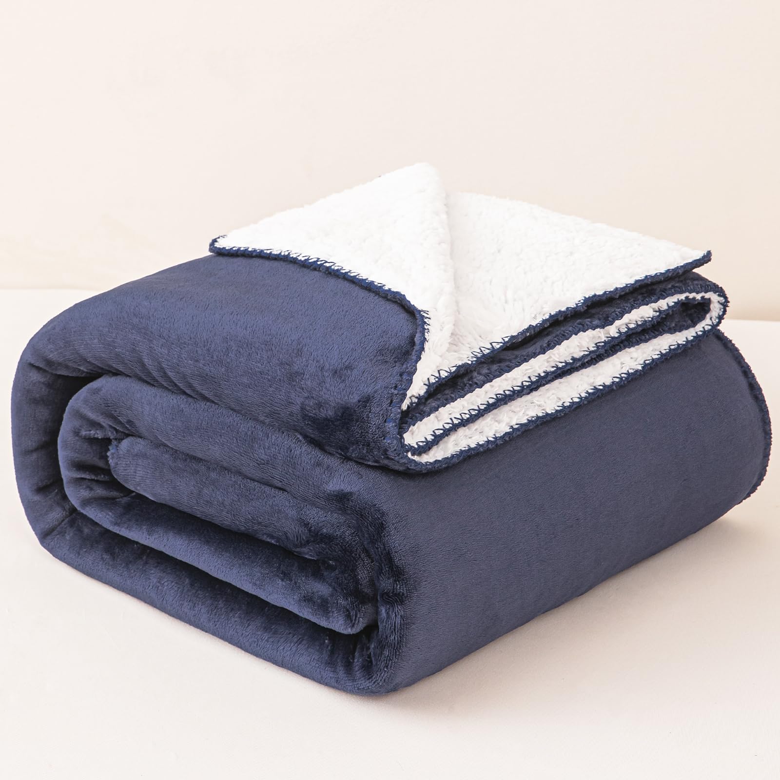 EDS Sherpa Fleece Throw Blanket Double Size Super Soft Warm Sofa Throw Reversible Bed Throws For Bed Sofa Couch (Double - 150X200cm, NAVY BLUE)