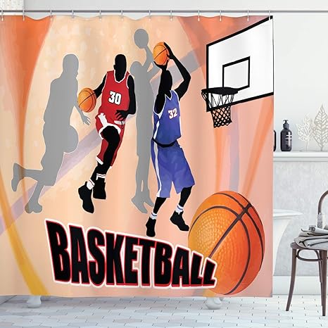 Amazon Ambesonne スポーツインテリアシャワーカーテンセット 抽象画背景バスケットボールプレイ中選手 クラシックなポスタースタイルのイラスト バスルームアクセサリー 幅69x長さ70インチ オレンジ ブラック カスタマイズ可 シャワーカーテン ホーム キッチン