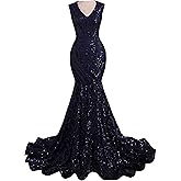 Ikerenwedding Women's Sleeveless V-Neck Sequins Mermaid Formal Evening Dress