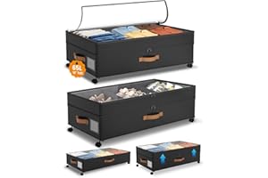 Under Bed Storage with Wheels, 10 inches Under the Bed Storage Containers Large, 65L XXL Adjustable Storage for Underbed with