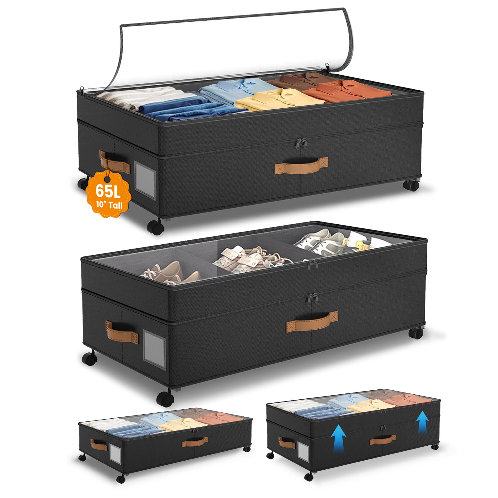 Photo 1 of Megapuxin Under Bed Storage with Wheels, 65L 10‘’ Tall Underbed Storage Containers with Clear Lids, XXL Adjustable Underbed Drawer for Dorm, Rolling Bin for Shoes, Clothes, Blankets, Black