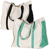 Anleo Heavy Duty Reusable Cotton Canvas Grocery Tote Bags with Side Pockets, Large Utility Bag for Shopping, Beach, Picnic