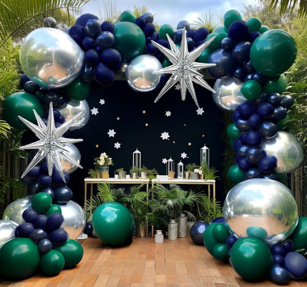 Photo 1 of Navy Blue Green Silver Balloon Garland Double Stuffed Dark Green Silver Forest Navy Balloon Metallic Arch Kit for Birthday Football Game Dinosaur Graduation Party Decoration