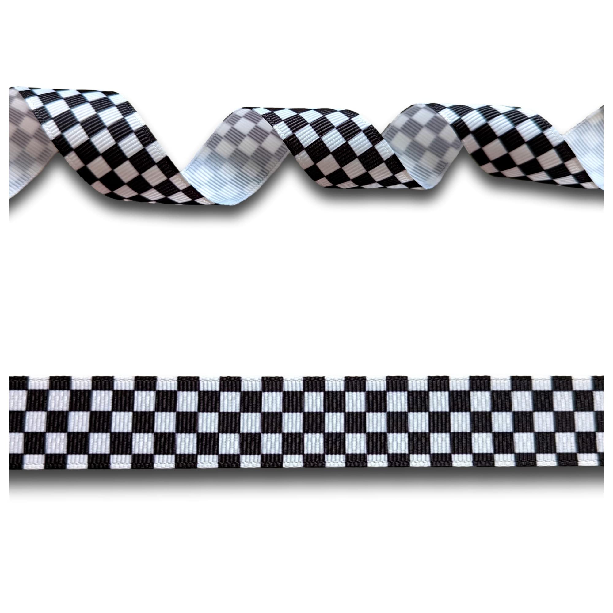 5 Yards (4.5 metres) Black & White Chequered Check Flag Grosgrain Ribbon 22mm Wide, Ideal for Craft Projects, Cakes, Scrapbooking etc.