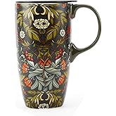 Topadorn Ceramic Coffee Mug Travel Cup Gift with Lid 17oz., Porcelain Tall Tea Cup with Handle for Home & Office, Green Floral Art Pattern Gift Mug, 6.5''H