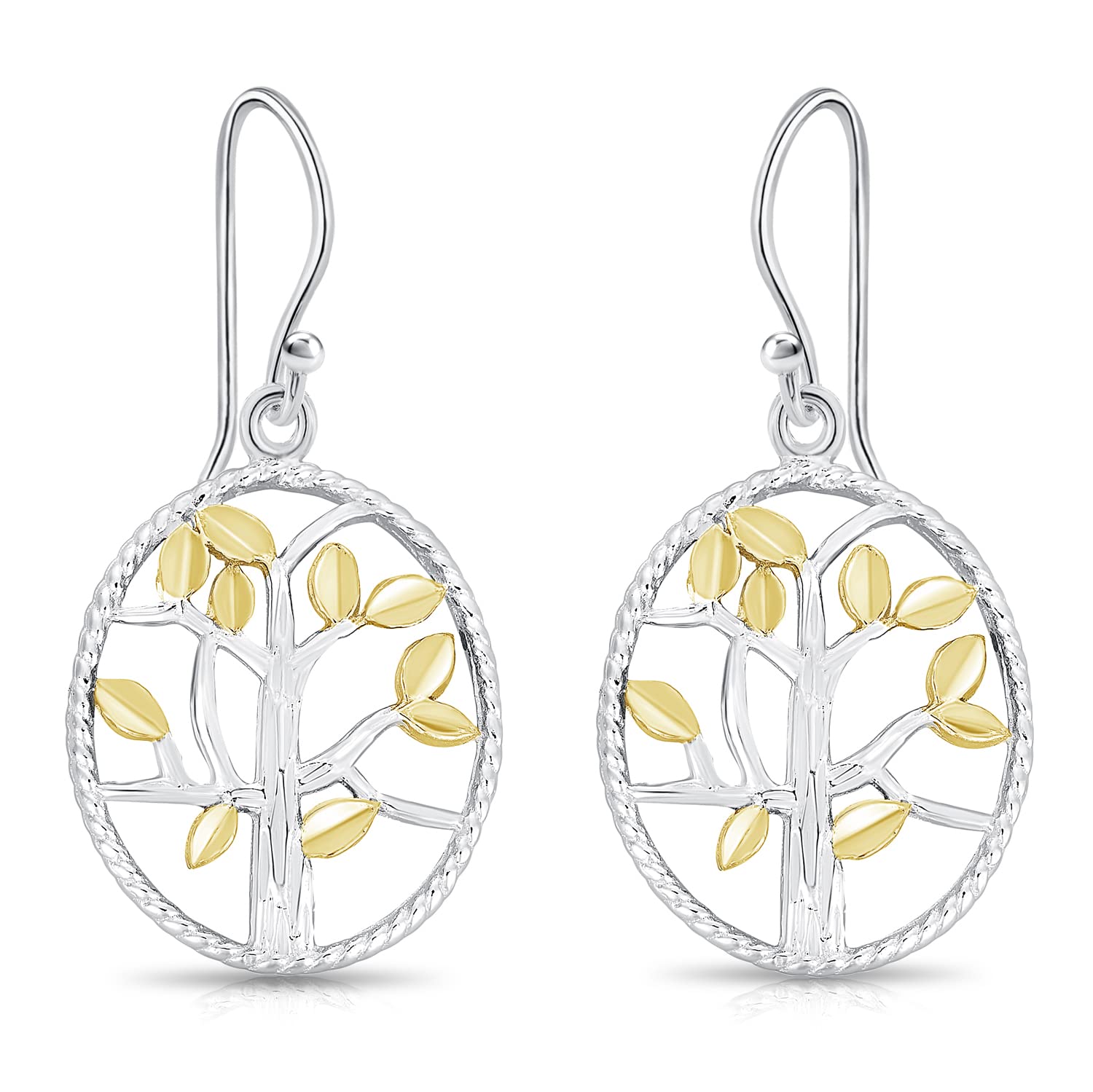 DTPsilver® 925 Sterling Silver Yellow Gold Plated Tree of Life Hook Dangle Earrings - Two-Tone - Dimensions: 16 x 33 mm