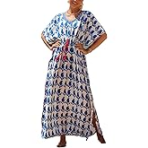 Leisureperiod Caftan Dresses for Women Geometric Print Beach Dress V Neck Cover Up Kaftan Waist Drawstring Loungewear