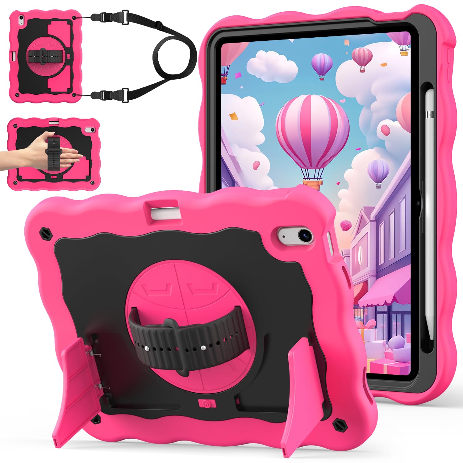 Photo 1 of ZoneFoker for iPad A16 11th Generation 2025 / 10th Gen Case 2022, for 11 Inch / 10.9 Inch iPad Case Heavy Duty Cover Shockproof with Pencil Holder [360° Rotate Strap] & Stand for Kids, Hot Pink