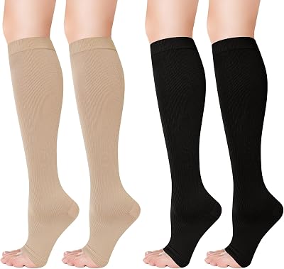 umorismo Toeless Flight Compression Socks 2 Pairs Beige Black Women Size S L XXL