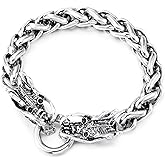 COOLSTEELANDBEYOND Mens Vintage Double Dragon Head Bracelet, Thick Wheat Chain Woven Link Chain, Viking Fashion Jewelry
