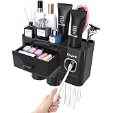 iHave Toothbrush Holders Wall Mounted with Toothpaste Dispenser &amp; 2 Cups | All-in-One Bathroom Organizer: 2 Cups, 6 Slots, Toothpaste Dispenser, Large Tray &amp; Drawer. Wall Mount, No Drilling Required