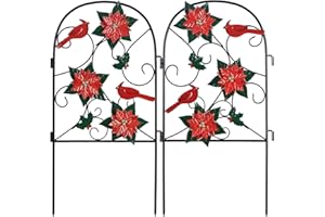 hogardeck Outdoor Christmas Decorations, 2 Pcs Metal Fence Floral Decorative Garden Stakes with Poinsettia Red Birds for Christmas Decor, Yard Signs for Garden Lawn Patio Home