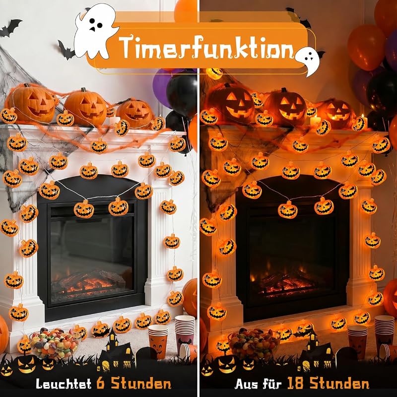 Halloween Lichterkette, 3M 20LED Kürbis Lichterkette Batterie Außen mit 6h Timer, IP65 Wasserdicht Jack-O-Lantern für Halloween Deko, Zombie Themen Partys