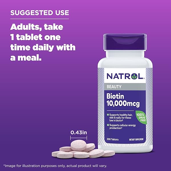 NATROL BIOTIN 10000MCG, SUPPLEMENT FOR HEALTHY HAIR, SKIN AND NAILS FOR THOSE LOW IN BIOTIN, PLUS ENERGY METABOLISM SUPPORT, 200 TABLETS, UP TO A 200 DAY SUPPLY
