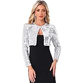 Allegra K Sequin Bolero Shrugs for Women's Slim Fit Christmas Party Club Collarless Sparkly Crop Jackets