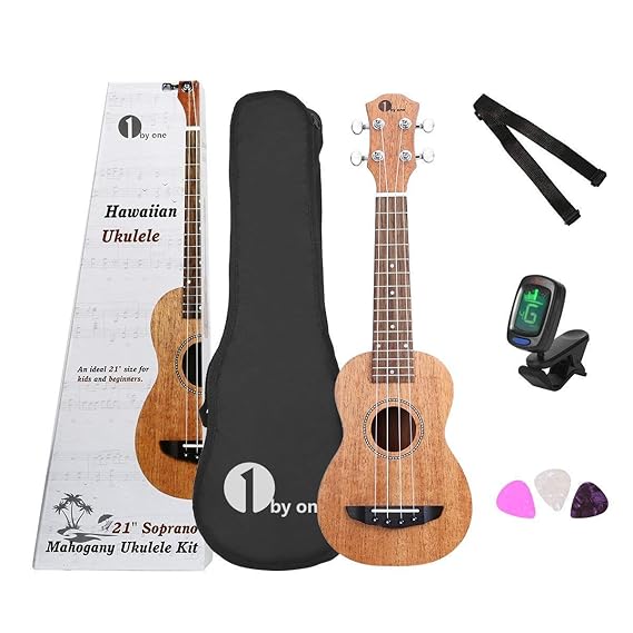 1byone Ukulele Konzert Mahagoni Ukulele 21 Zoll mit Digital-Tuner, 3 Plektren, Gurt und schwarzer Gitarrentasche
