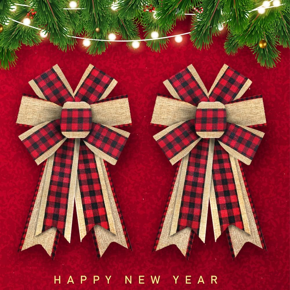 Bows & Ribbons - 2PCS Christmas Wreath Bows, Red Black Buffalo Plaid Bows for Wreath Beige Rustic Farmhouse Bows for Front Door Winter Christmas Tree Bows for New Year Indoor Outdoor Xmas Decorations